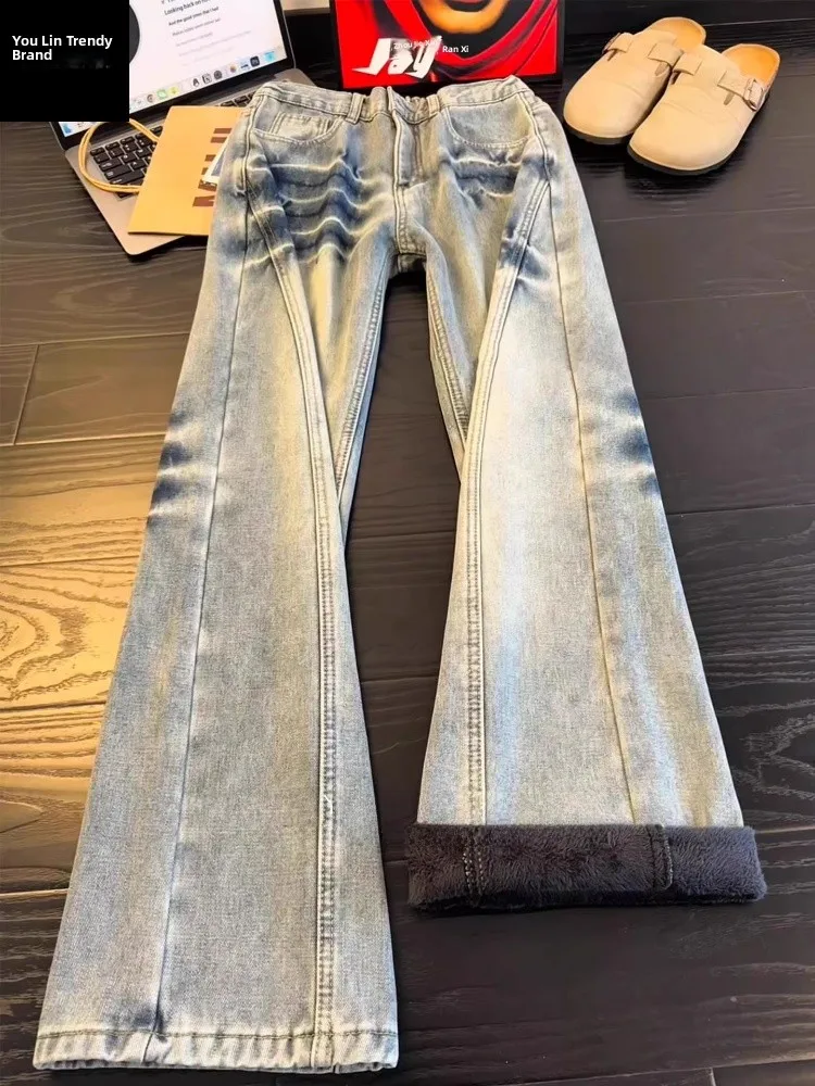 

Мужские джинсы свободного кроя с прямой штаниной, ретро-стиль, американский дизайн, зимняя коллекция, с эффектом потертости и наклонным кройом, подкладка из флиса