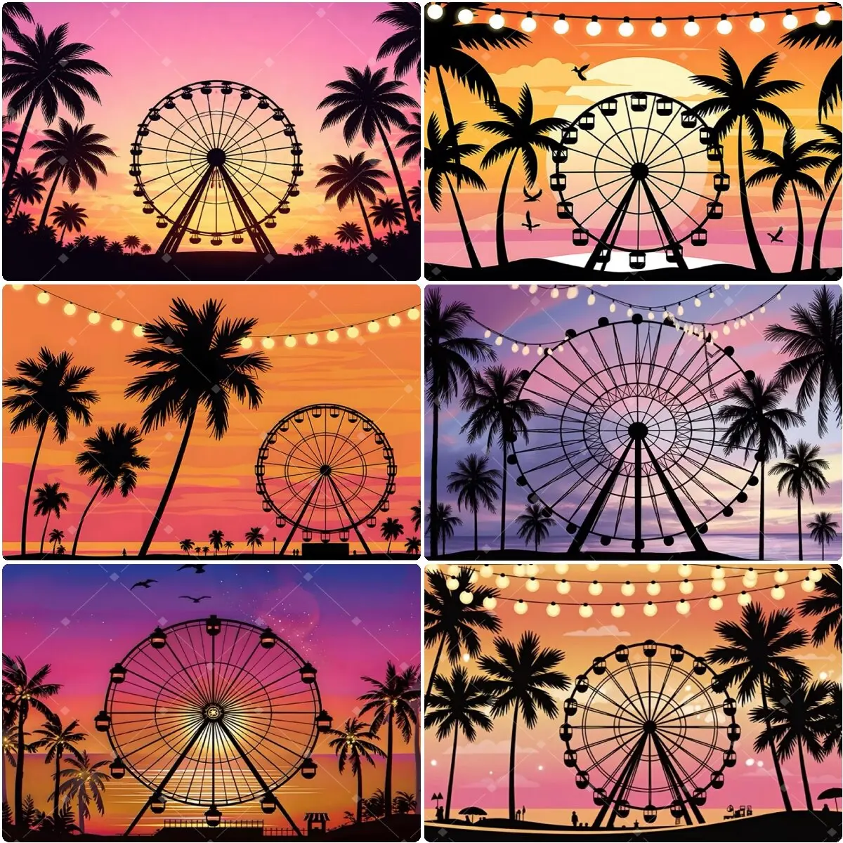 

Ferris Wheel Sunset Beach Concert Party Photo Background Tropical Palm Trees Summer Carnival Birthday Party Booth Decor Banner