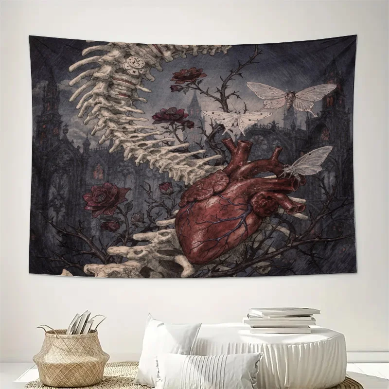 Dark Gothic Heart Tapestry Wall Hanging Academia Decor Mysterious Moths Anatomy Steampunk Bohemian Artwork Room Decoration