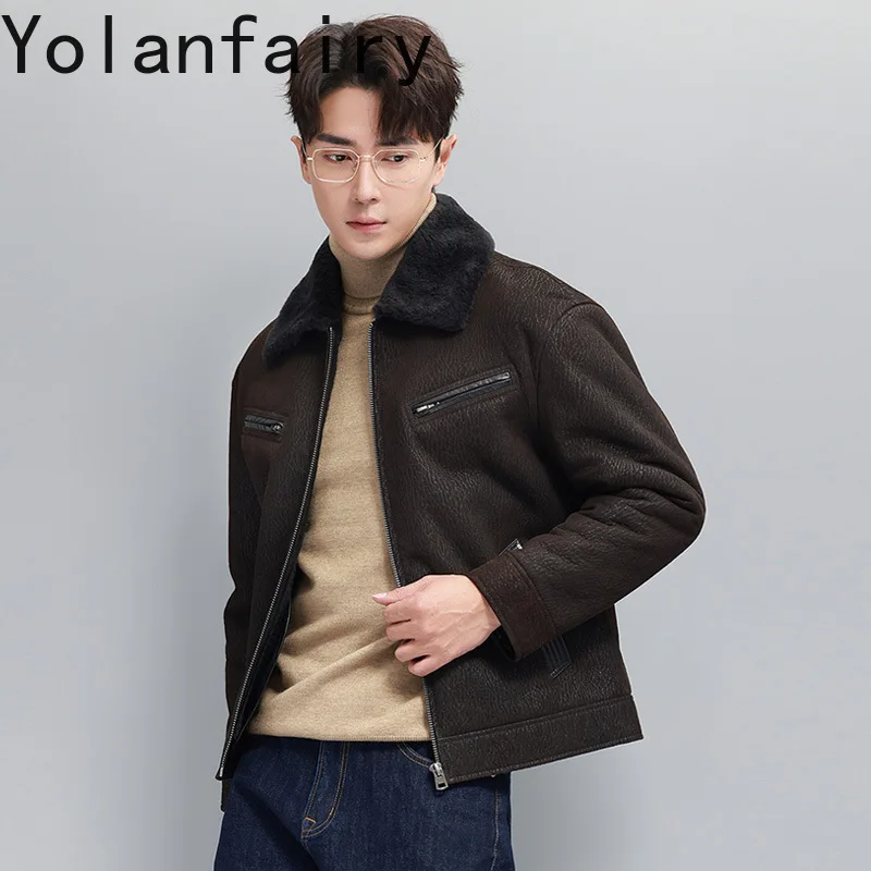 YOLANFAIRY 빈티지 패션 천연 모피 코트 남자 진짜 양가죽 가죽 모피 자켓 옷깃 겨울 새 스타일 따뜻한 모피 코트 jaqueta