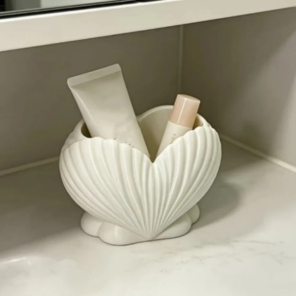 3D Printed Shell Shape Toothpaste Toothbrush Holder Coastal Style Plastic Makeup Brush Stand Aesthetic Stable Base