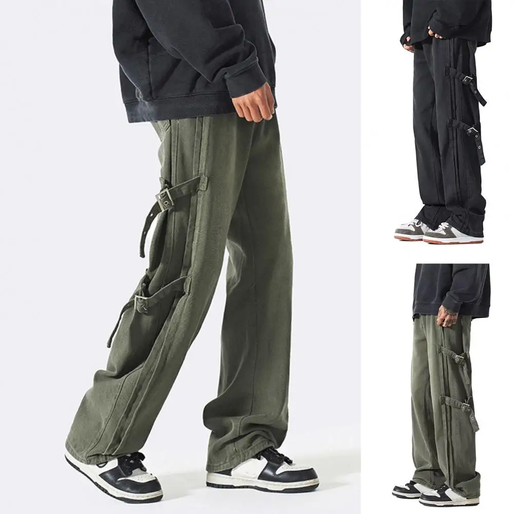 Wide-leg Cargo Trousers Men Cargo Pants Stylish Men's Mid-rise Cargo Pants with Side Buckle Design Straight for Long-lasting