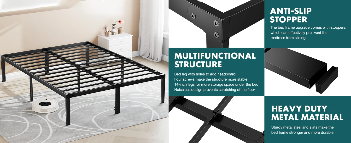 Steel slat support detail of minimalist black metal platform bed frame