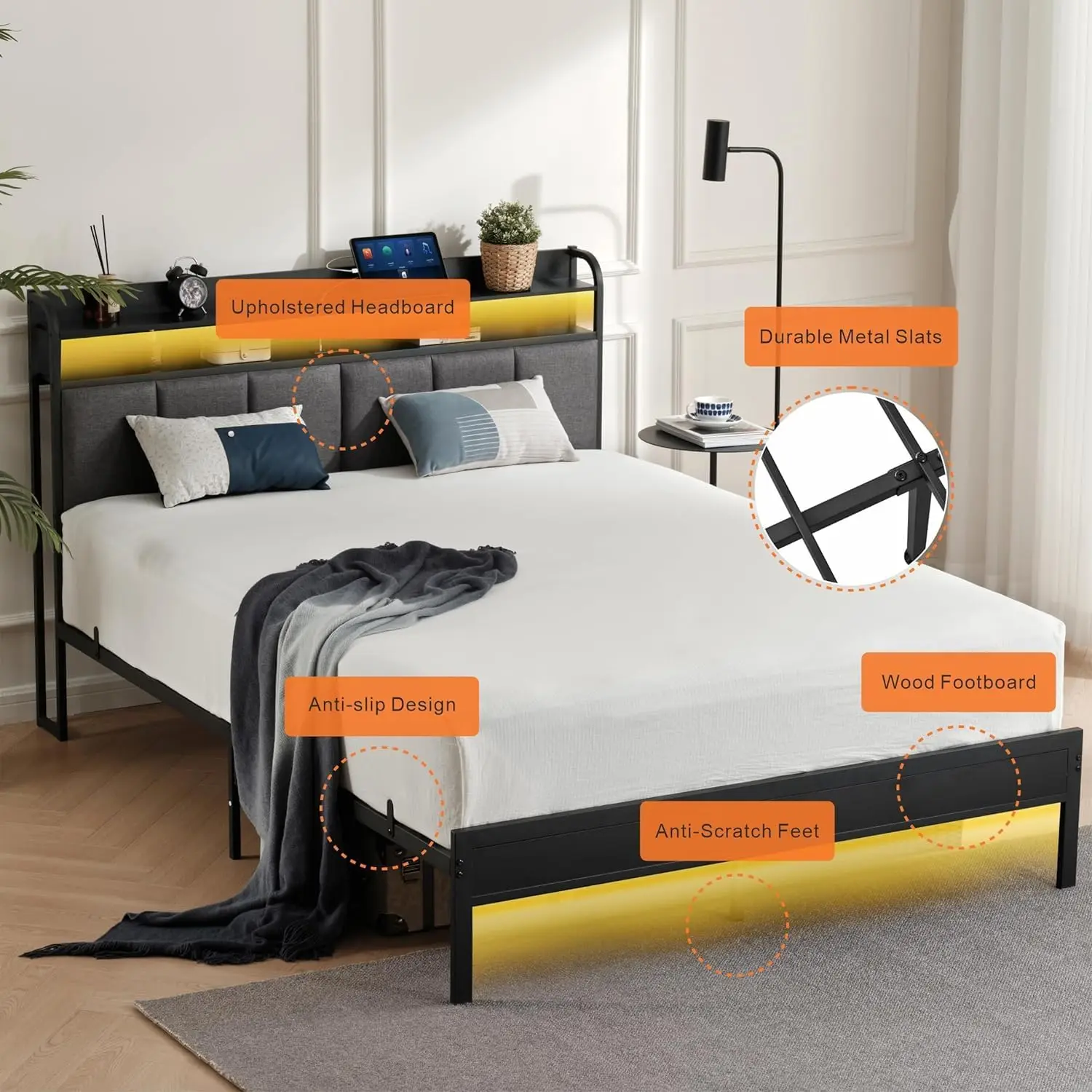 Bedframe Met Ledverlichting Hoofdeinde, Dubbele Metalen Hybride Bedframe Bedbodem, Stevige Gestoffeerde Houten Twin P