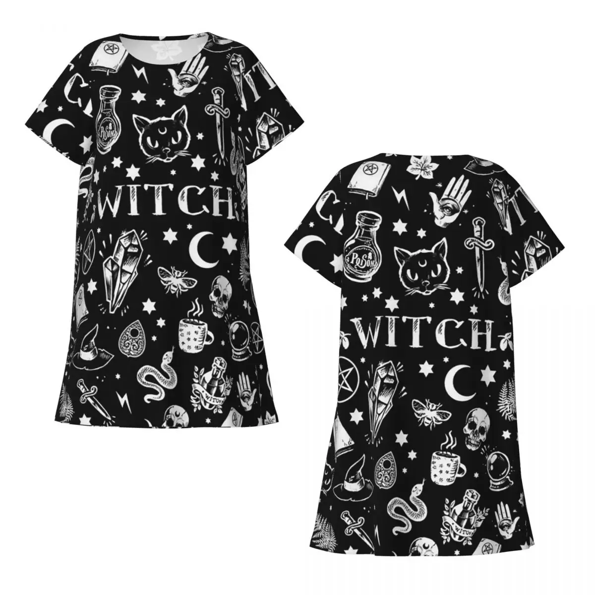 Custom Skull Cat Moon Gothic Design Short Sleeves Nightdress For Sleepshirts Women Short Sleeve Nightgowns Soft Pajama Dress