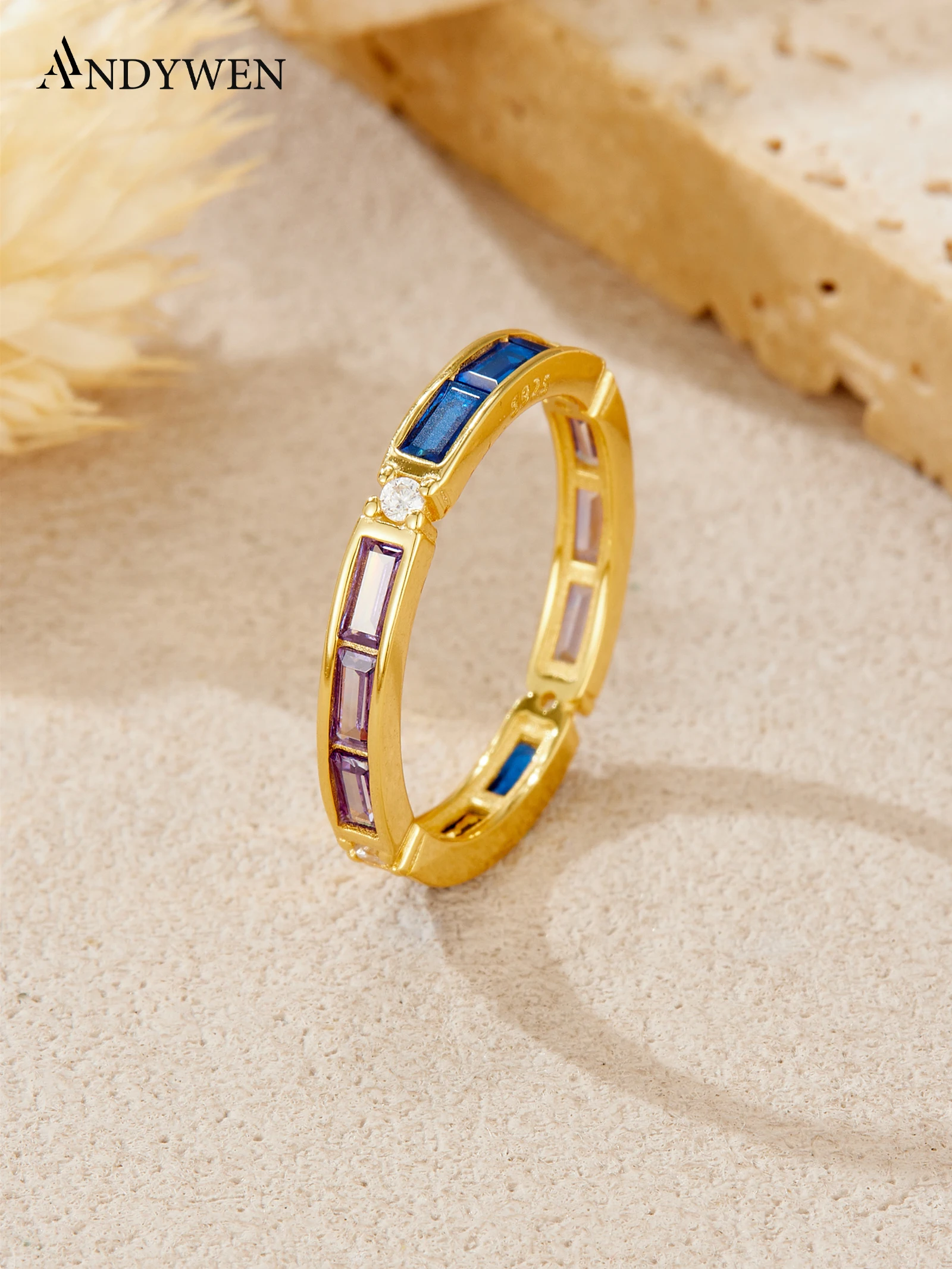 

ANDYWEN 925 Silver Color Block Ring, 5A Zirconia in Blue/Purple/White, Stackable Jewelry for Women, Minimalist Statement Piece