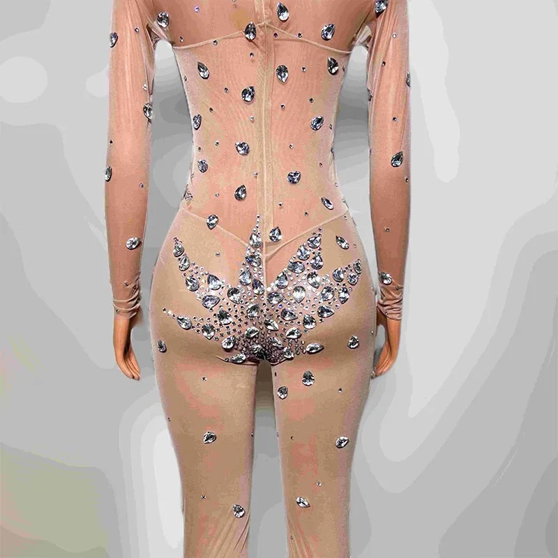 2025 라인스톤 바디수트 드래그 퀸 댄스 의상 고고 댄서 코스튬 여성 글리터 스트레칭 점프수트 나이트클럽 바 파티웨어