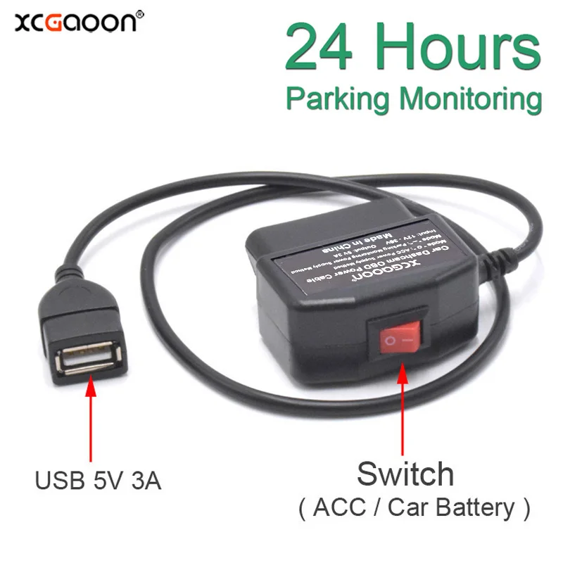 XCGaoon-Cable de carga USB para coche, Kit de Cable duro OBD con interruptor de 0,5 metros, para cámara de salpicadero, DVR, 24 horas, 5V, 3A