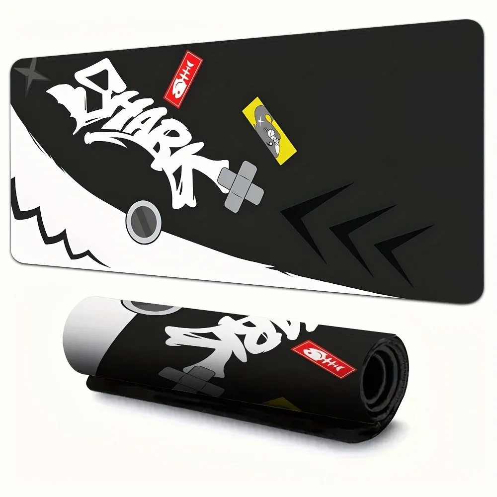 Shark Graffiti Style Large Gaming Desk Mat, Black White Non-Slip Rubber Base Mouse Pad with Lock Edge,