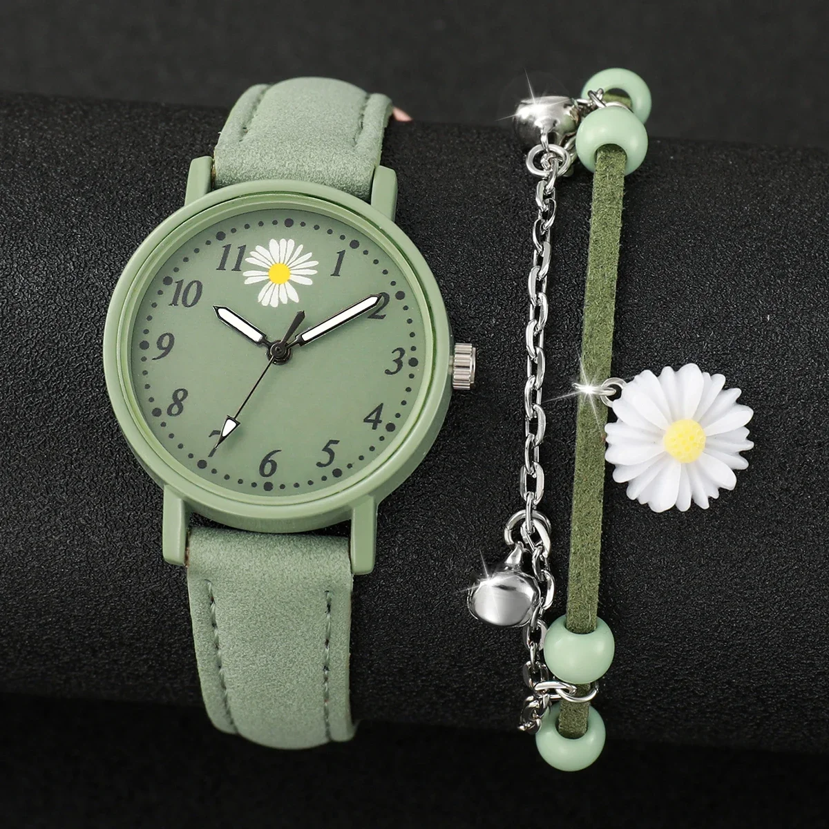 2Pcs Women Daisy Watch Set Green Suede Leather Quartz Wristwatch Bell Charm Bracelet Sweet Student Ladies Gift