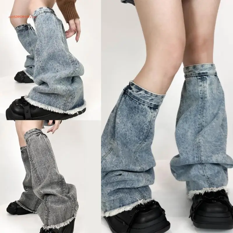 

Harajuku Denims Leg Cover with Elastic Cuffs Washed Jeans Leg Warmer Flared Sock