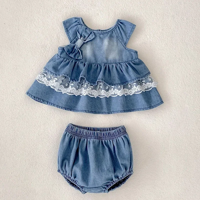 2025 New Summer 0-3Yrs Infant Baby Girls Clothing Set Sleeveless Denim Vest+PP Shorts Toddler Baby Girl Clothes Suit