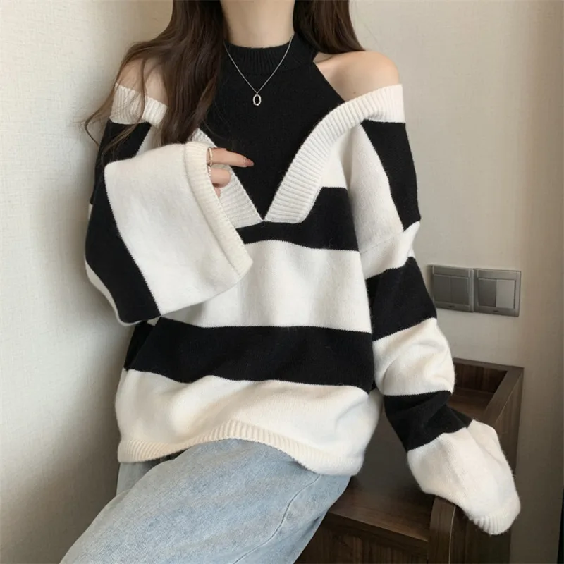 Unique Design Fake Two Pieces Halter Strapless Women\'s Long Sleeved Knitted Sweater Fashion Trends Knitwear Loose Fitting Top