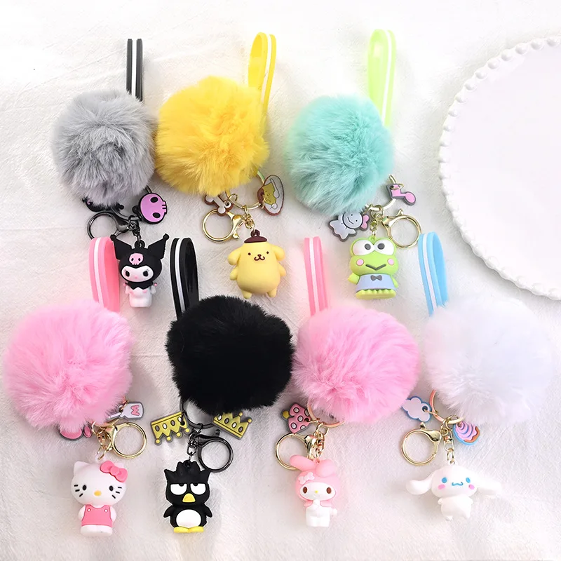 

Kawai Sanrio Figural Model Keychain pvc Cute My Melody HelloKitty Cinnamoroll Kuromi Fluffy Fur Ball Key Accessories Gift