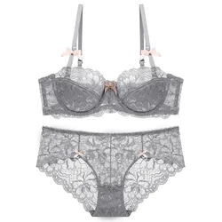 French Lace Thin Cup Underwear Set Sexy Women 1/2 Cup Push Up Bra Set Fashion Embroidery Lingerie Plus Size Breathable Brassiere