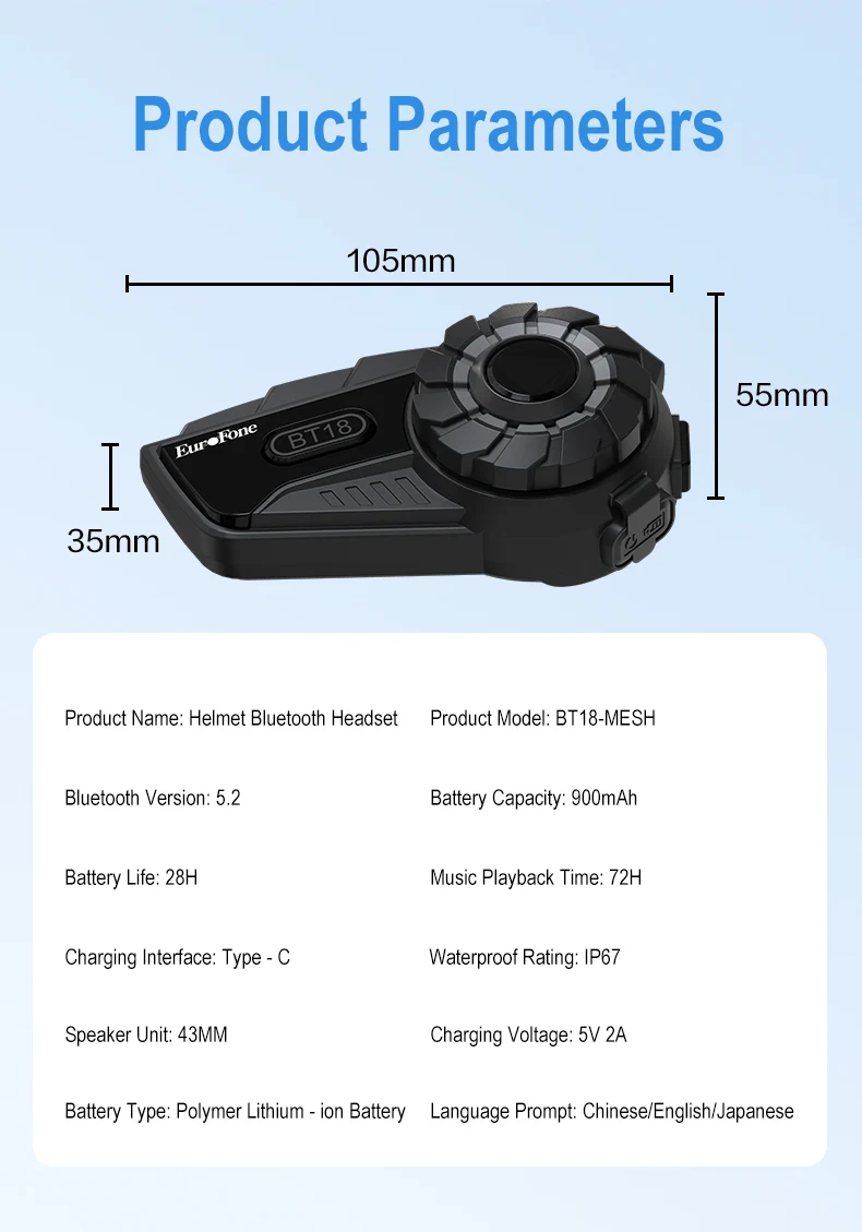 New OEM BT18 Motorcycle Helmet Intercom Headset MESH 3.0 Technology IP67 Waterproof 32-Riders Group Intercom 18 Hours Talking