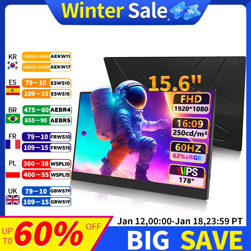 15.6'' FHD 1080P 250cd/m² With dual Type-c & HDMI Interface Ultra-Slim Portable Monitor for Laptop PC Phone PS4/5 Xbox Switch