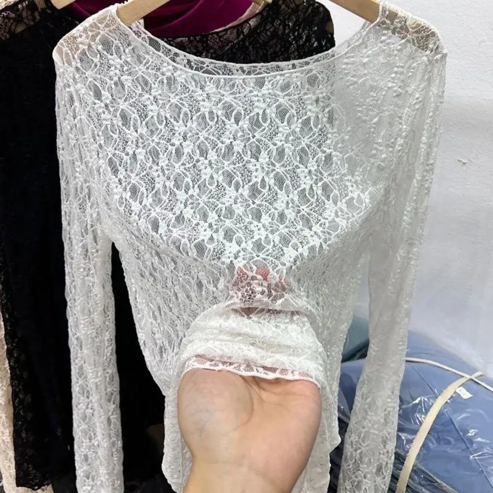 

Сексуальная полупрозрачная женская верхняя одежда Bla Lace irt Long Sve Cleanfit Sle Winter Faion