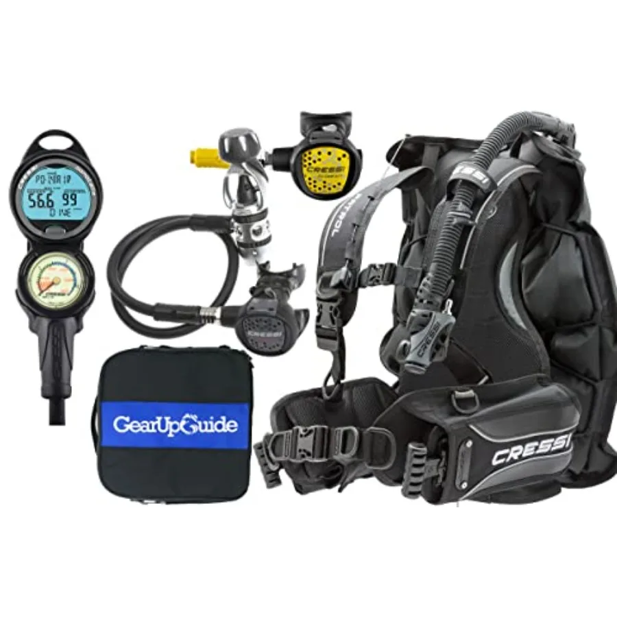 

Scuba diving gear package for recreational use: nylon and rubber, black and gray, includes integrated BCD, dive computer, and p