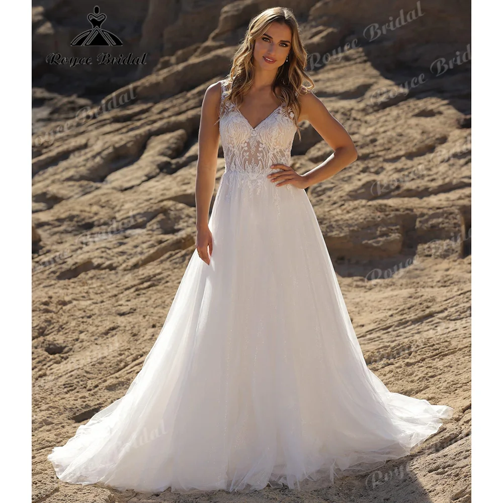 2027 Boho A‑Line Sparkle Tulle Wedding Dress Deep V Neck Illusion Lace Corset Bodice V‑Back Beaded Floral Bridal Gown Customized