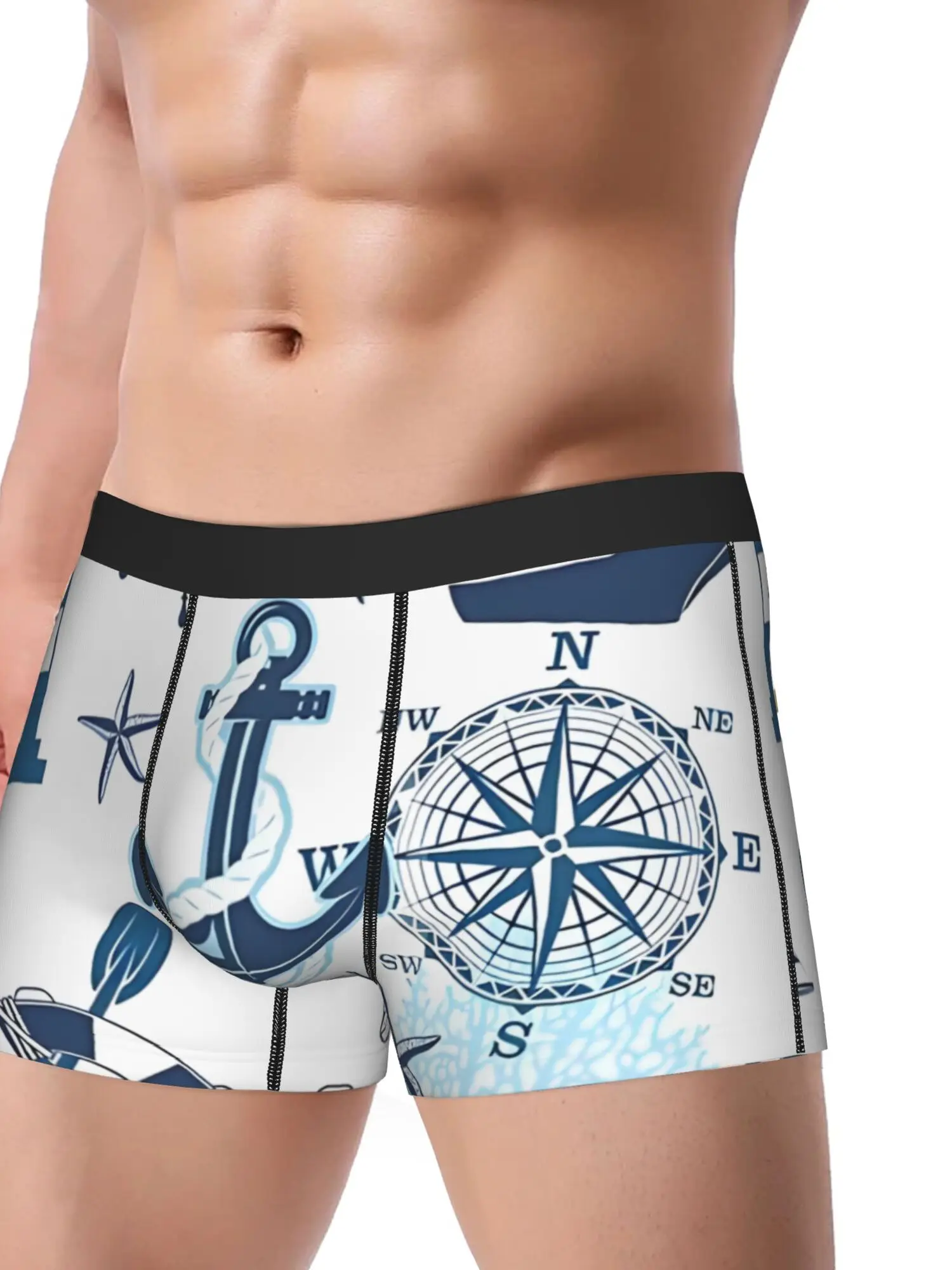 1pc Preppy Coastal Blue Nautical Lighthouse Compass Seashell Ship Anchor Underpants Homme Panties Men's Underwear Print Shorts B