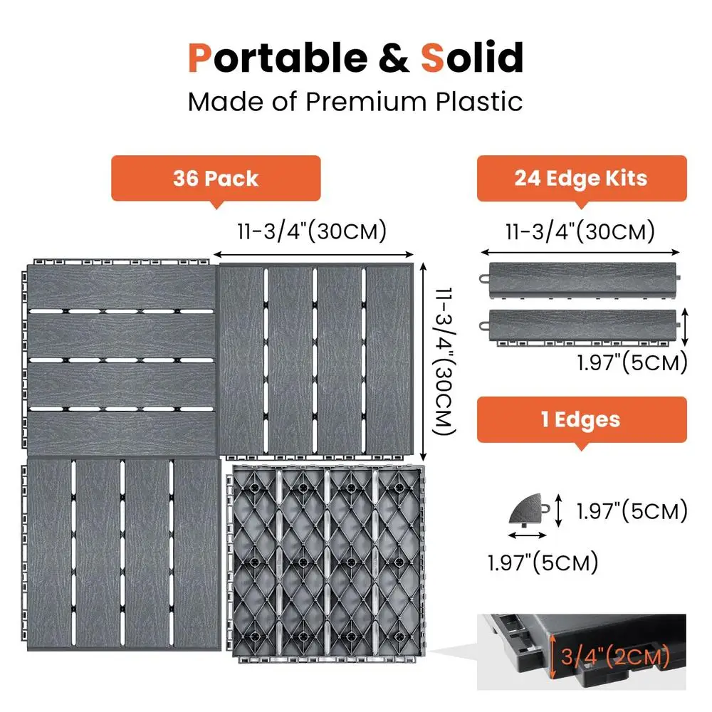 36 telhas de deck interligadas 11,8x11,8 pol. Piso externo à prova d'água com kits de 24 bordas Azulejos de piso de pátio Carrinhos seguros e