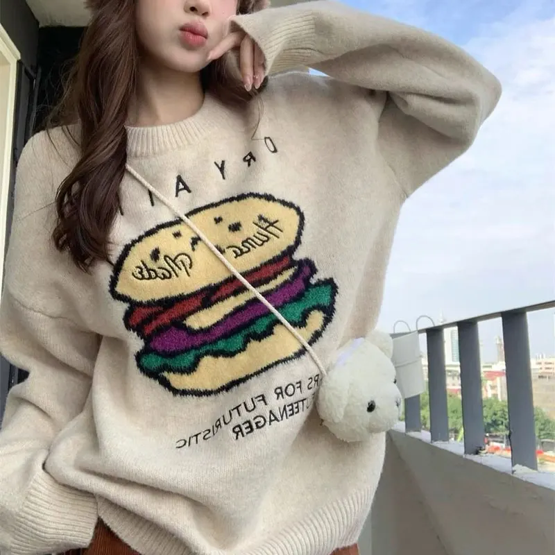 

Autumn Winter Cartoon Knitted Pullovers Fashionable Embroidery Women's Clothing Round Neck Casual Loose Long Sleeve Sweaters New