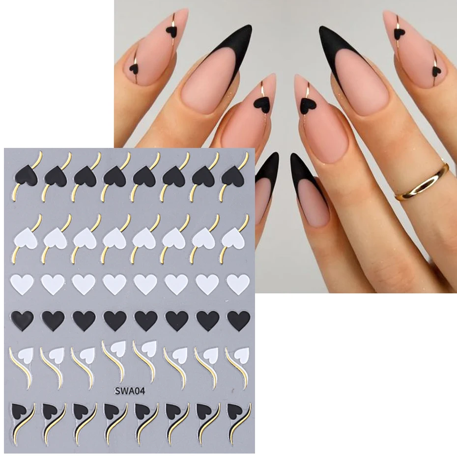 Linha de ouro coração arte do prego adesivos tira metal preto branco vermelho glitter dicas amor carta tema dos namorados decalques manicure sliders