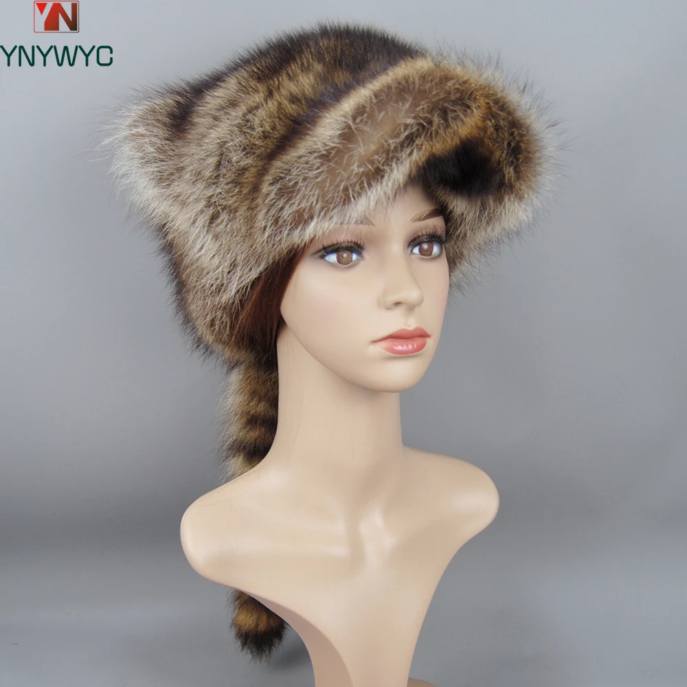 

New Style Lady Natural Raccoon Fur Hat Brim Baseball Cap Raccoon Fur Tail Brand Women Winter Elegant Stylish Thick Warm Caps