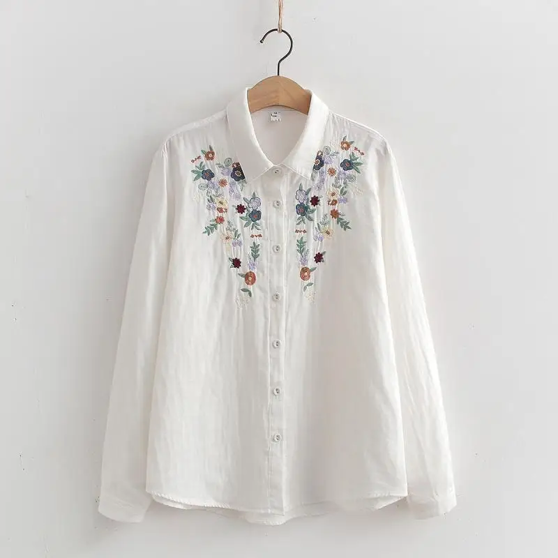 Spring New Vintage Embroidered Flower Jacquard Shirt For Women Romantic Gentle Style Versatile Tun - Down Collar Shirt