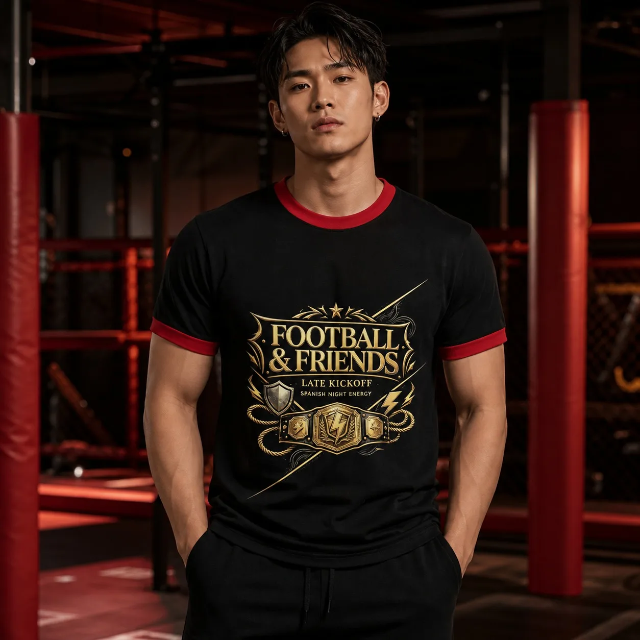 Mens Retro Football Wrestling T‑Shirt Black Red Ringer Gold Belt Print Double‑Sided Number 10 Casual Crew Neck Short Sleeve Top