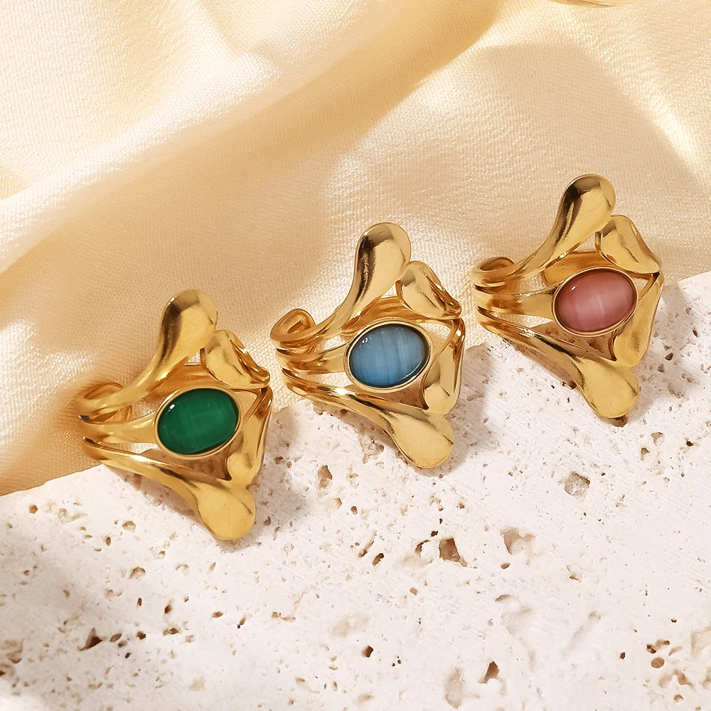 

Fashion Stainless Steel Natural Stone Agate Turquoise Vintage Charm Open Ring 316L Jewelry for Women Gift Adjustable