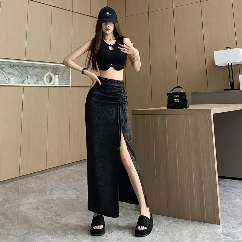 Solidna damska linia A Casual Female High Waist Y2K Sweet Korean Streetwear Clothing Black Chic Vintage All Match Shirring Skirts