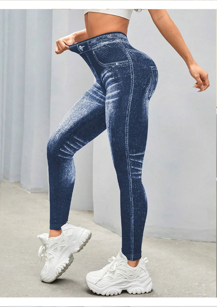 Frühling Damen Sport Yoga Leggings Faux Jeans Hohe Taille Po-Lifting Gym Skinny Freizeithose Elastische Laufhose für Draußen – Detail 4