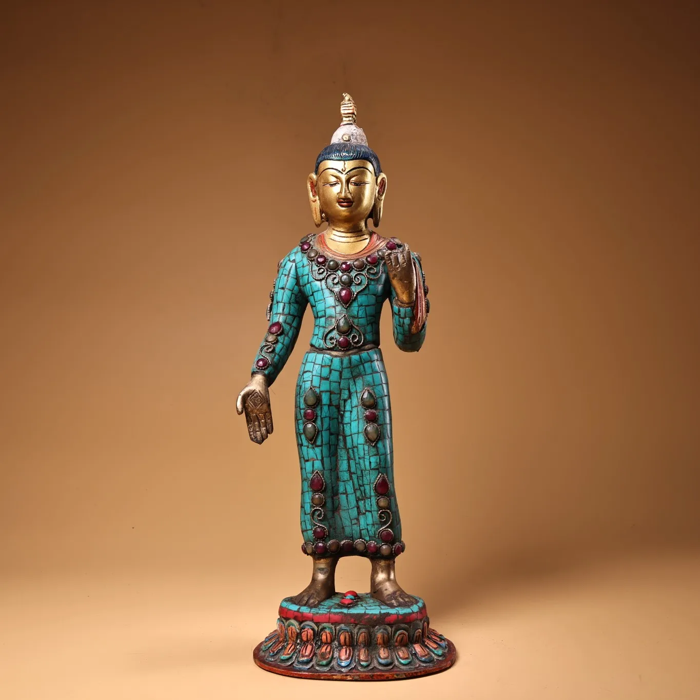 

15"Tibetan Temple Collection Old Bronze Outline in gold Mosaic Gem Turquoise Shakyamuni Da Ri Tathagata Buddha Worship Hall