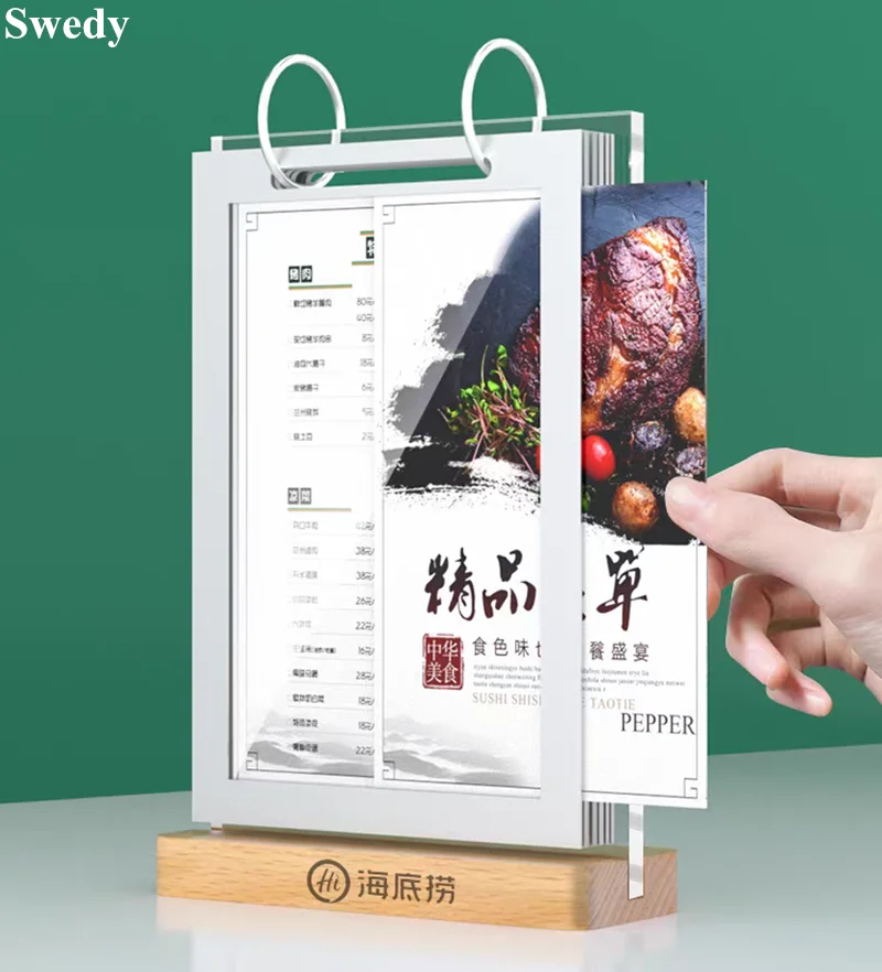 A5 148X210MM Double Sided Table Acrylic Sign Holder Display Stand Wooden Restaurant Menu Paper Flyer Photo Picture Poster Frame