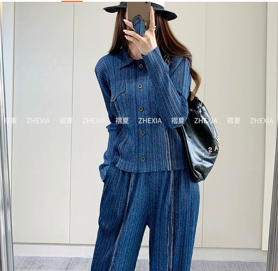 HOT SELLING Miyake summer new faux denim print long-sleeved coat  HOT SELING