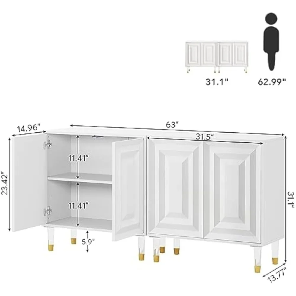 Sideboard Buffet Cabinet, 63 Inch Modern Kitchen Accent Cabinet with 4 Doors and Storage Shelves,Credenzas Console Bar Cabinet