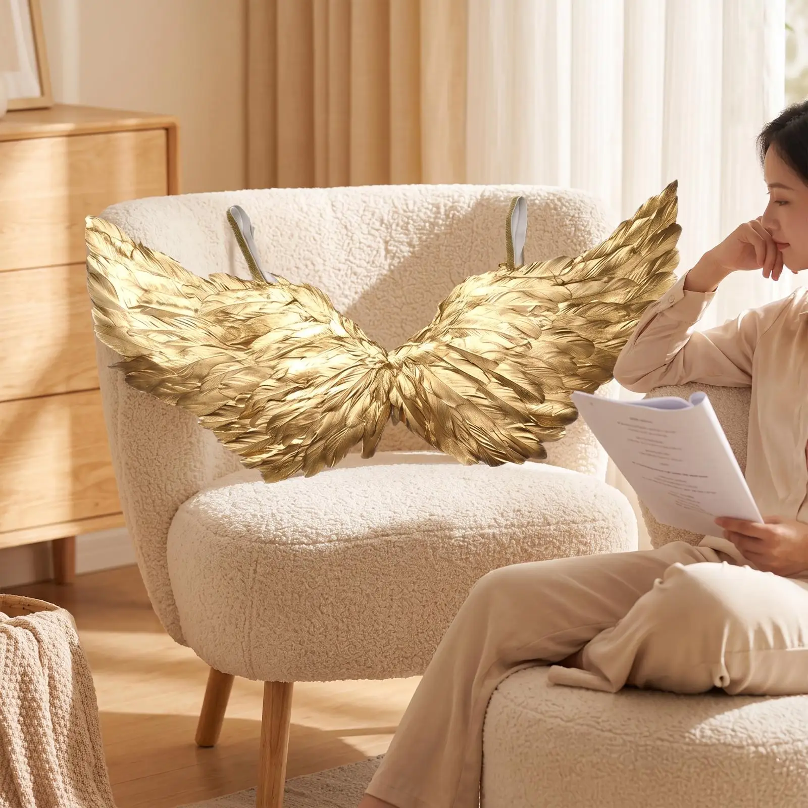 Gold Feather Performance Wing Costume Accessory for Angelic Mythical Looks Featuring Layered Texture Comfortable Straps for