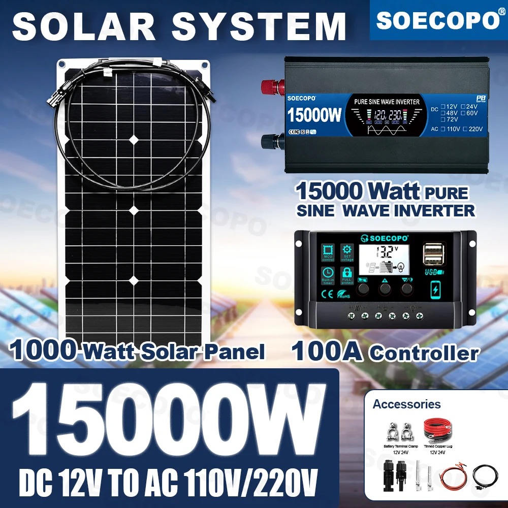 

Clean Power 1400W Pure Sine Wave Inverter 15000W Solar Kit Solar Panel 100A Controller For home RV boat Livestock Shelter Beach