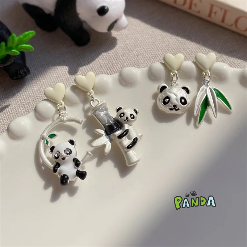 Spring And Summer New Fashion Cute Panda Asymmetrical Earrings For Women Cartoon Design Personality Trendy Earring Jewelry Gifts