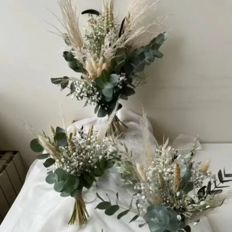 Natural Pampas Dried Flowers Wedding Bouquet Decoration Reeds Bunny Rabbit Tail Grass Artifical Rose Flower Home Table Decoratio