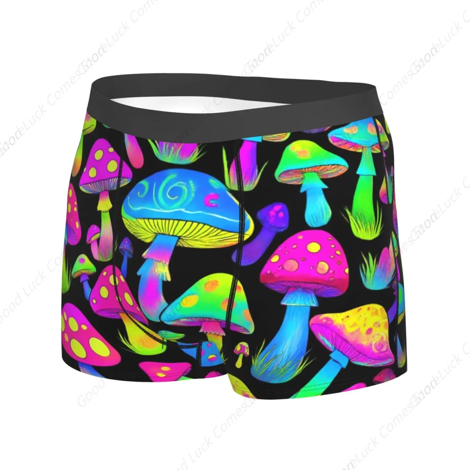 Mens Boxer Briefs Breathable Stretch Underwear (Neon Mushrooms Pattern Purple)