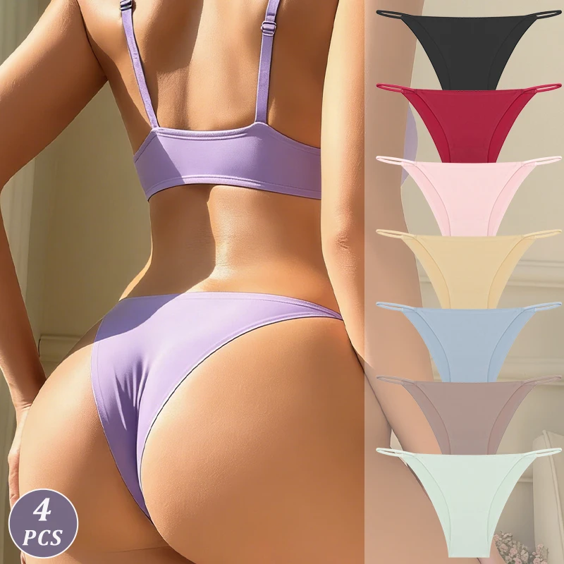 4 Stück weiche Unterhosen aus Eisseidenstoff, Damen, einfarbig, mit dünnem Bund, nahtlose Slips, hautfreundliches, atmungsaktives Damen-Dessous-Set.