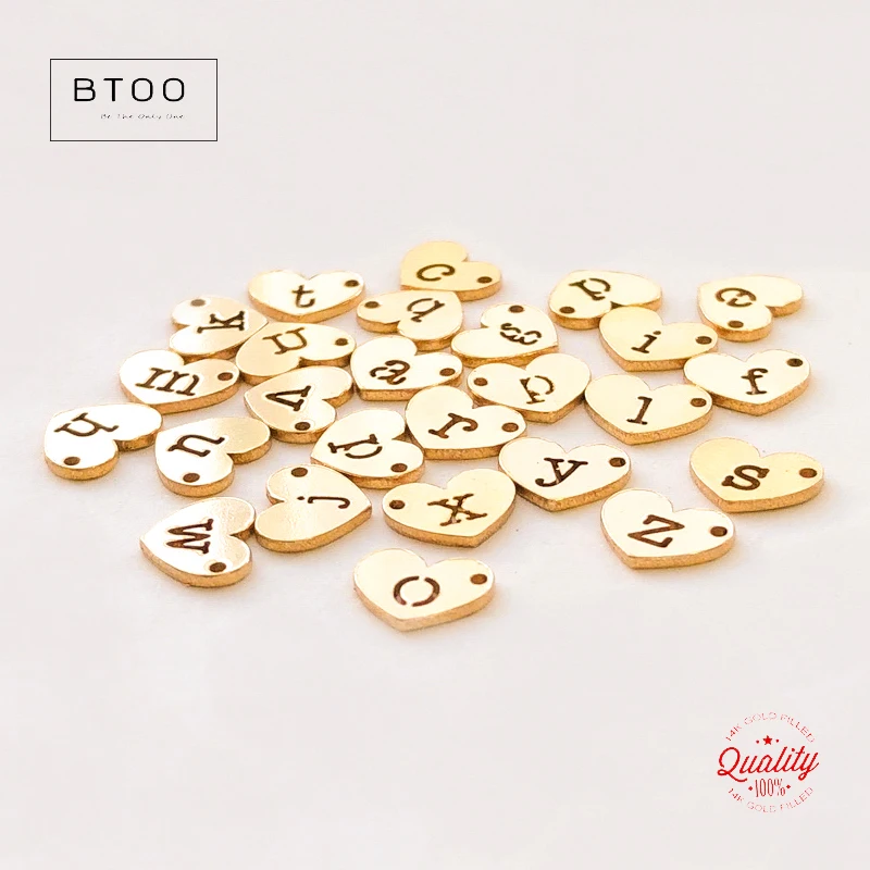 Real 14K Gold Filled 8x6mm Heart Letters Drop W/Right Hole 20ga 0.9mm (a-z) 26 Lowercase Letter Charms Wholesale Findings