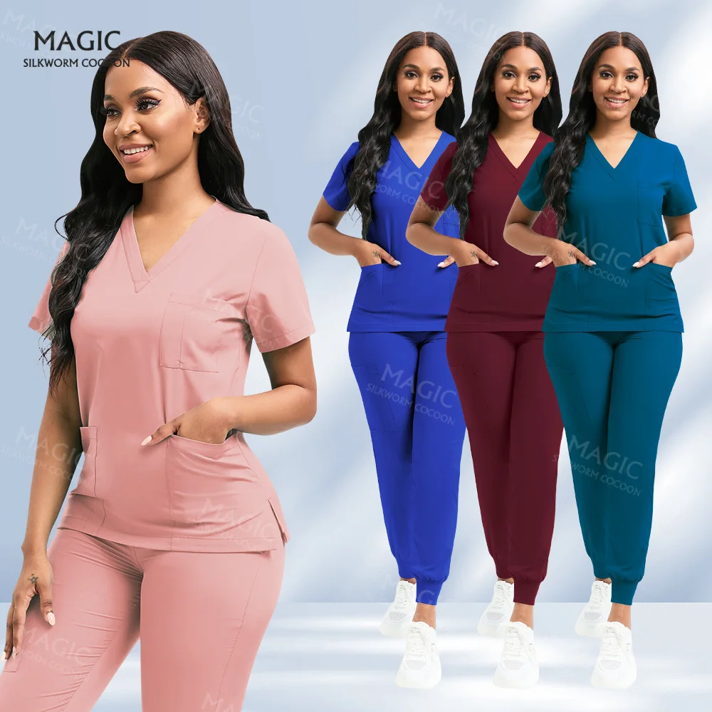 Ropa de trabajo de Spa para salón de belleza, uniformes quirúrgicos para mujer, conjunto de ropa de enfermera médica, Tops y pantalones, traje de enfermería para médico, accesorios de enfermera