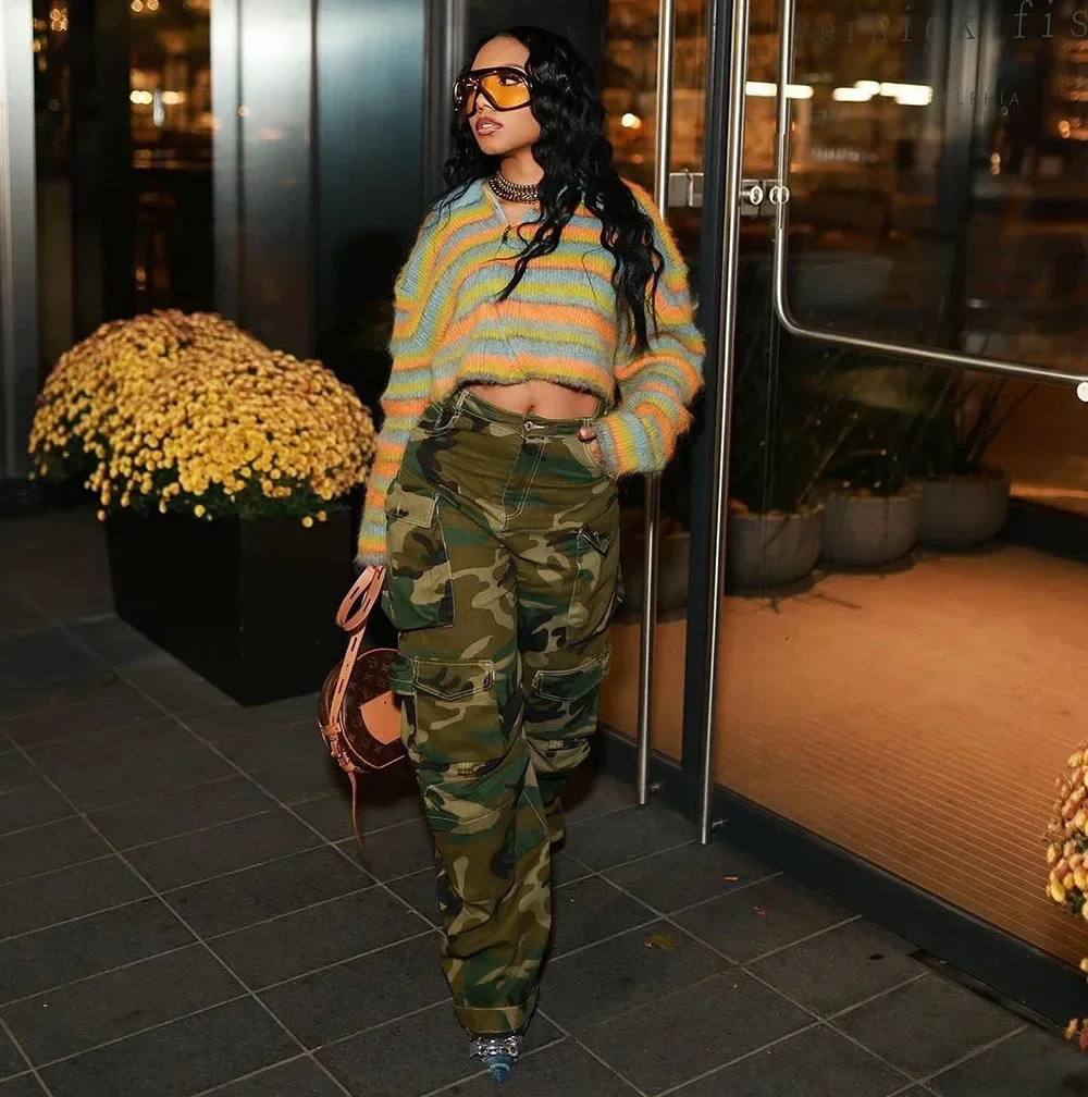 Ropa de calle, pantalones vaqueros informales de camuflaje para mujer, pantalones holgados rectos de pierna ancha, pantalones Cargo con múltiples bolsillos de cintura alta, pantalones de otoño