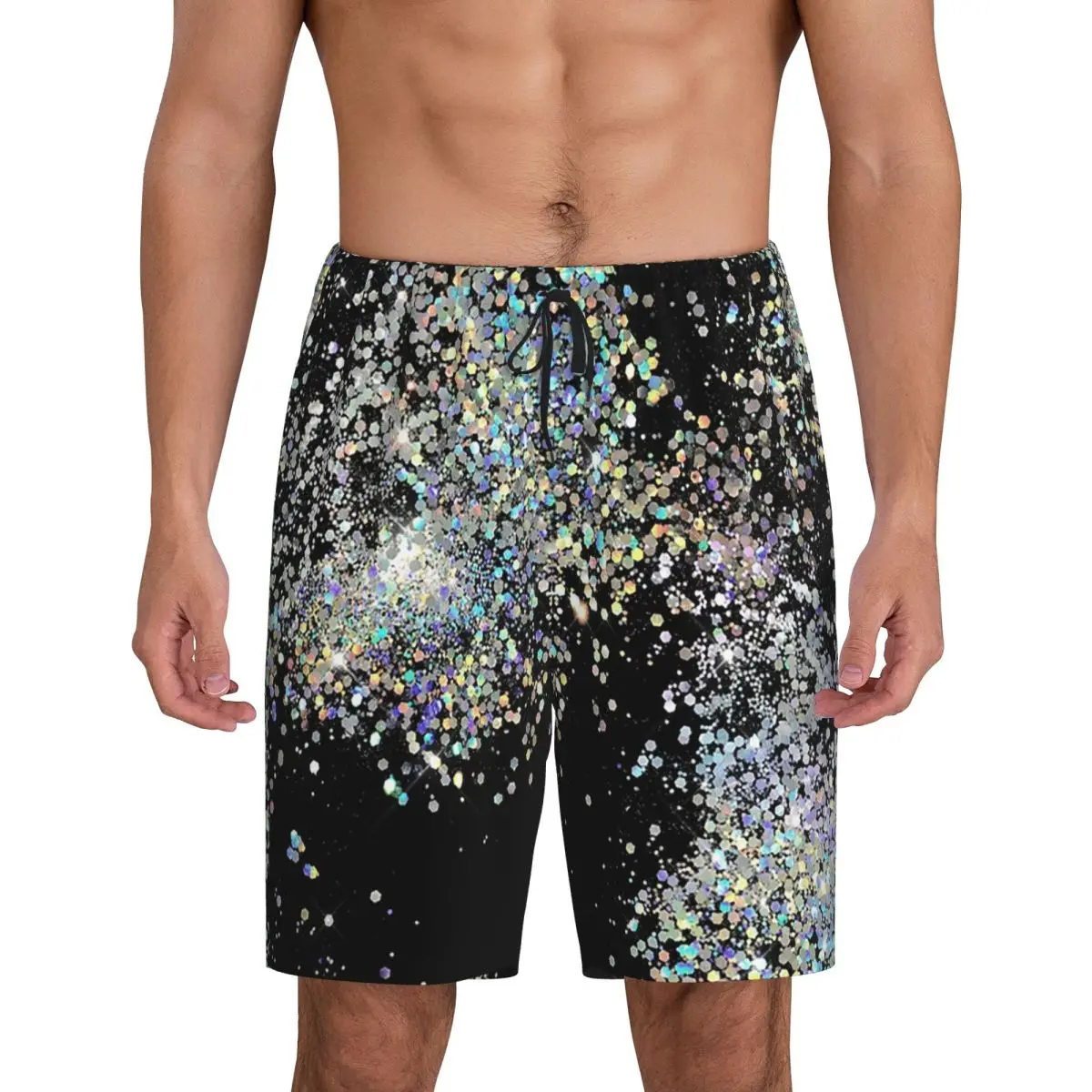 

Custom Black And Multicolor Sequins Faux Short Pajama Pants Men Sleepwear Sleep Lounge Bottom Shorts Sleeping Pants