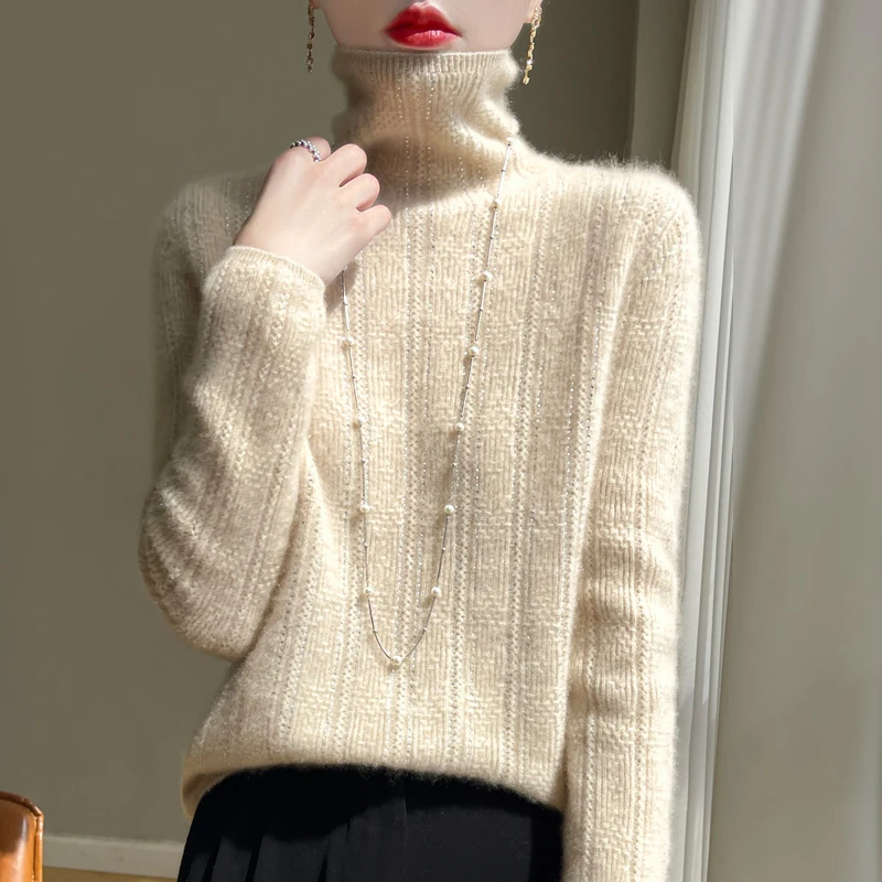 

Autumn Winter Clothing Women Sweater Hollow out Long Sleeve Turtleneck Loose&Thick Knitwears Pullover Tops Female Clothing