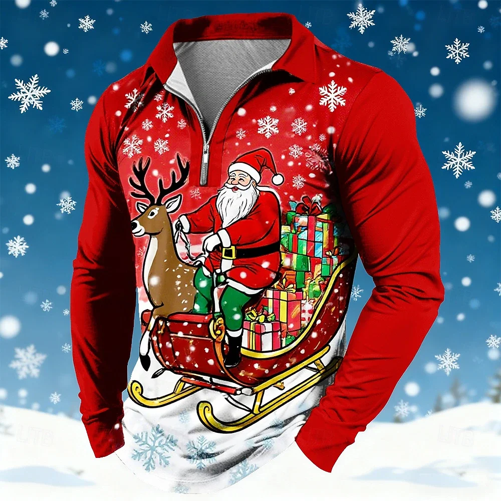 

Christmas Men's Christmas Scene 3d Zipper Man Long Sleeve Polo Shirts Santa Claus Collar Street Clothing Apparel Fashion Casual